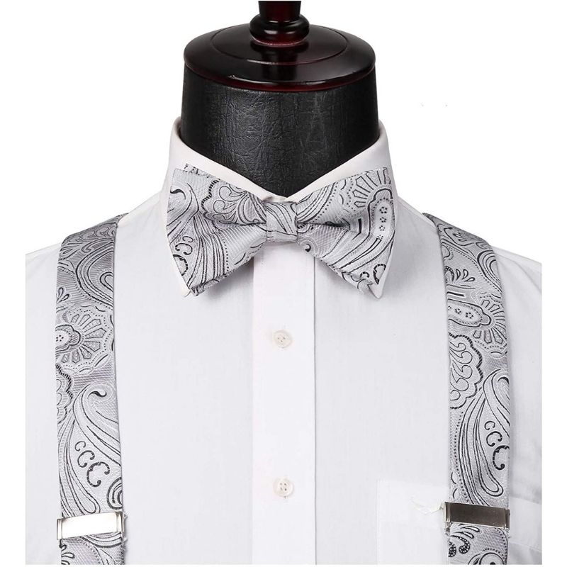 Hisdern Paisley Suspenders Bow Tie Set Silver Black Formal Accessories
