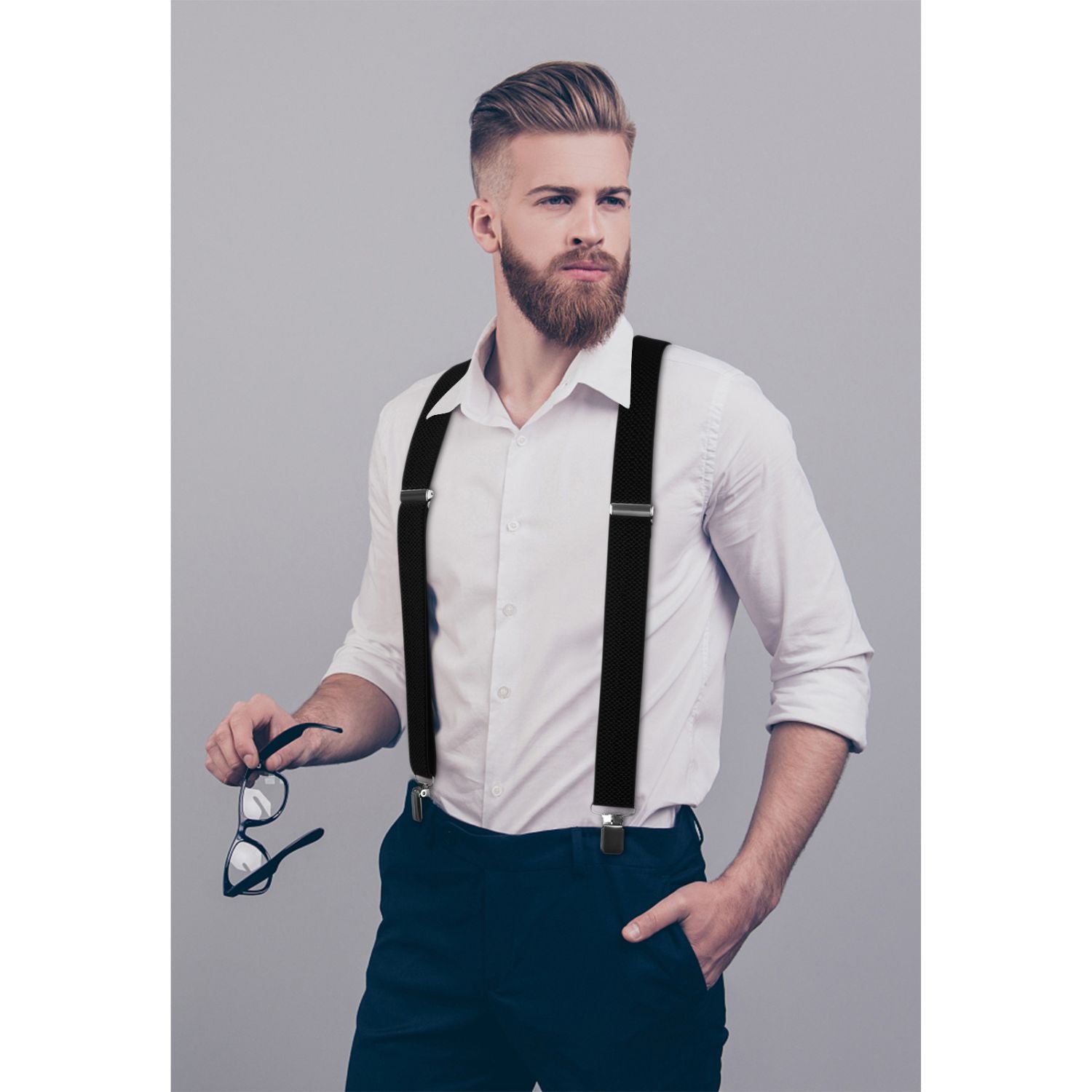 Hisdern 2 Inch Adjustable Suspender Black with 4-Clip for Formal Pants