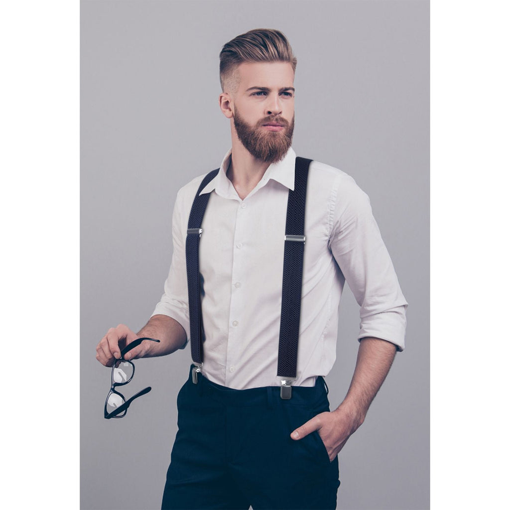 Hisdern 2 Inch Adjustable Suspender Navy Blue with 4-Clip for Formal Pants