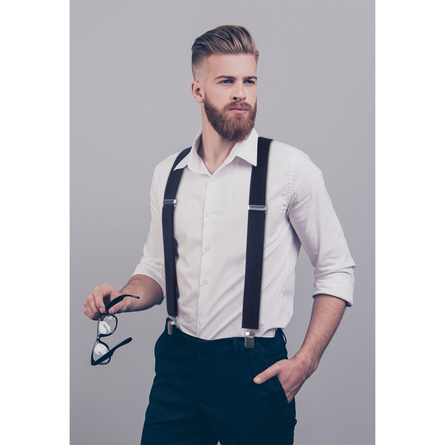 Hisdern 2 Inch Adjustable Suspender Navy Blue with 4-Clip for Formal Pants