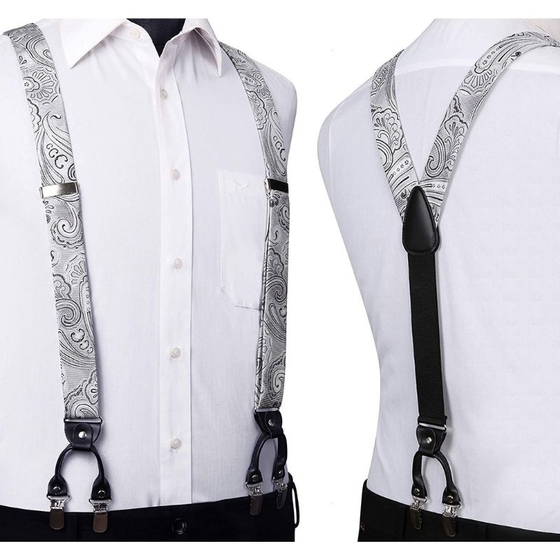 Hisdern Paisley Suspenders Bow Tie Set Silver Black Formal Accessories
