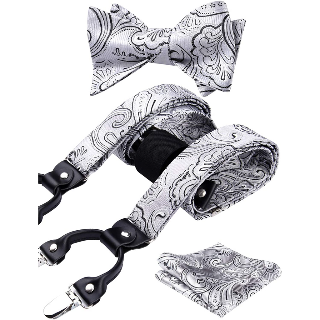 Hisdern Paisley Suspenders Bow Tie Set Silver Black Formal Accessories