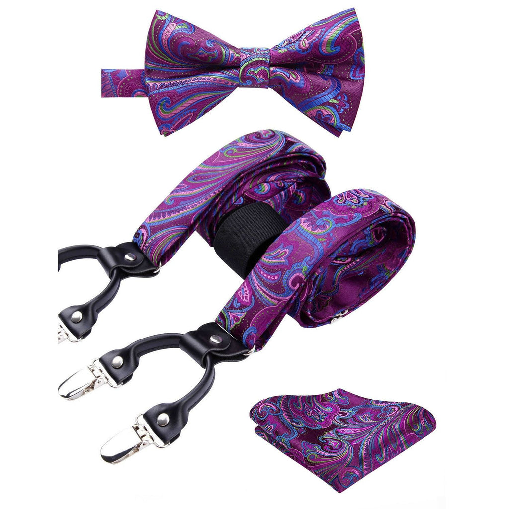 Paisley Floral Suspender Pre-Tied Bow Tie Handkerchief - D10-PRUPLE/PINK