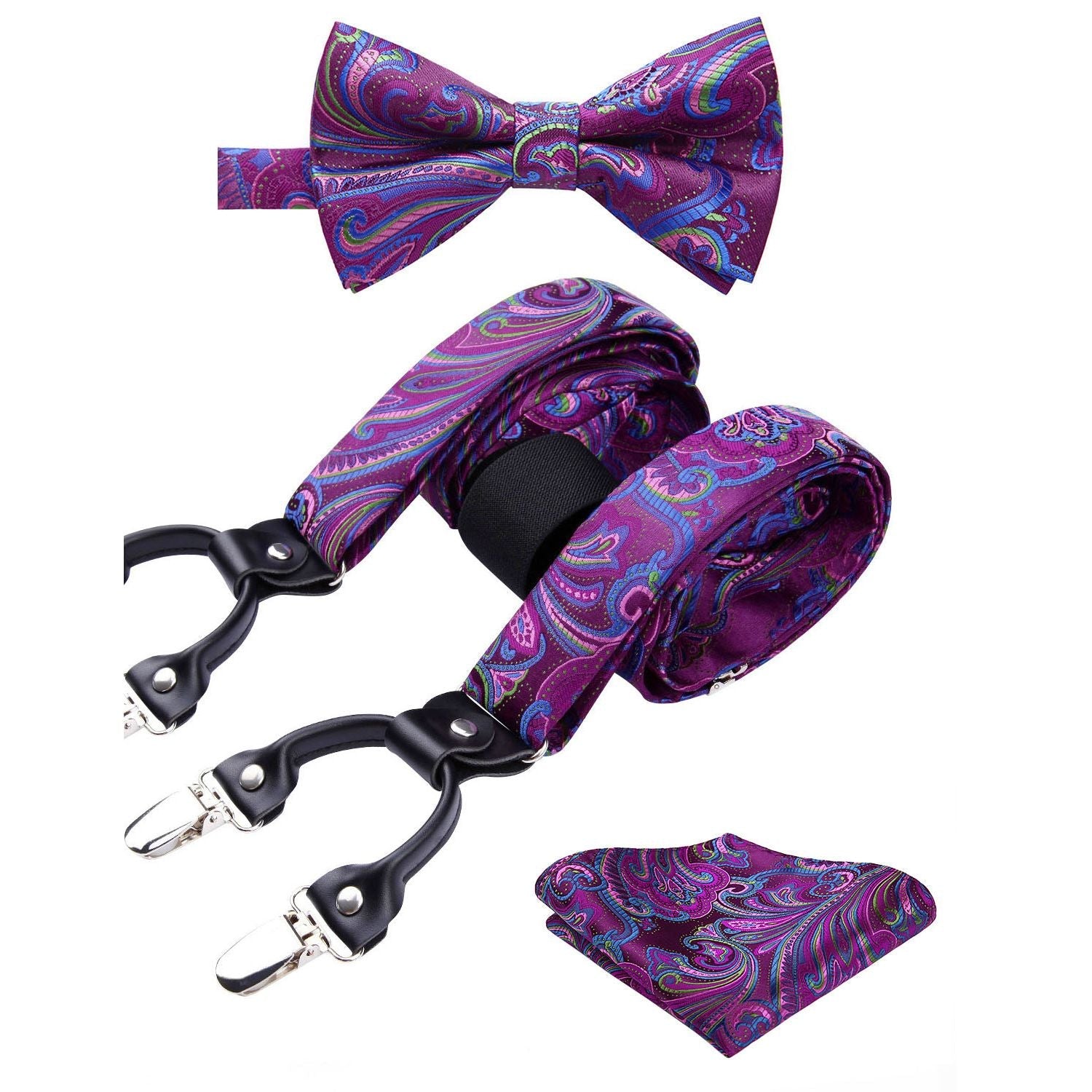 Paisley Floral Suspender Pre-Tied Bow Tie Handkerchief - D10-PRUPLE/PINK