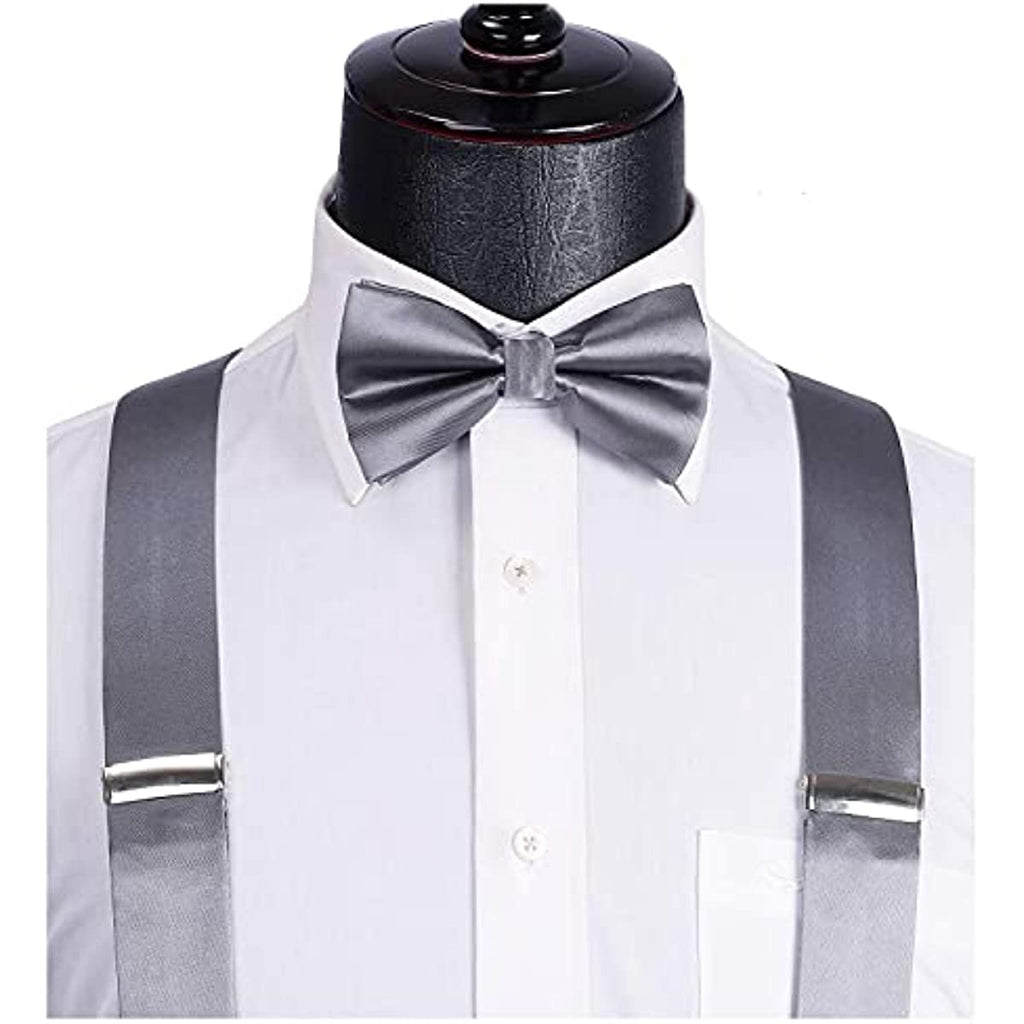 Hisdern Solid Suspenders Pre-Tied Bow Tie Set Grey Formal Wedding Outfit