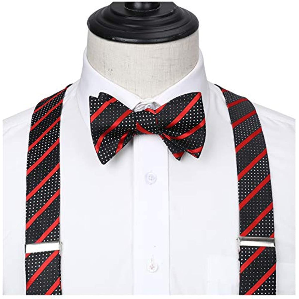 Hisdern Striped Suspenders Bow Tie Set Red Black Groom Outfit