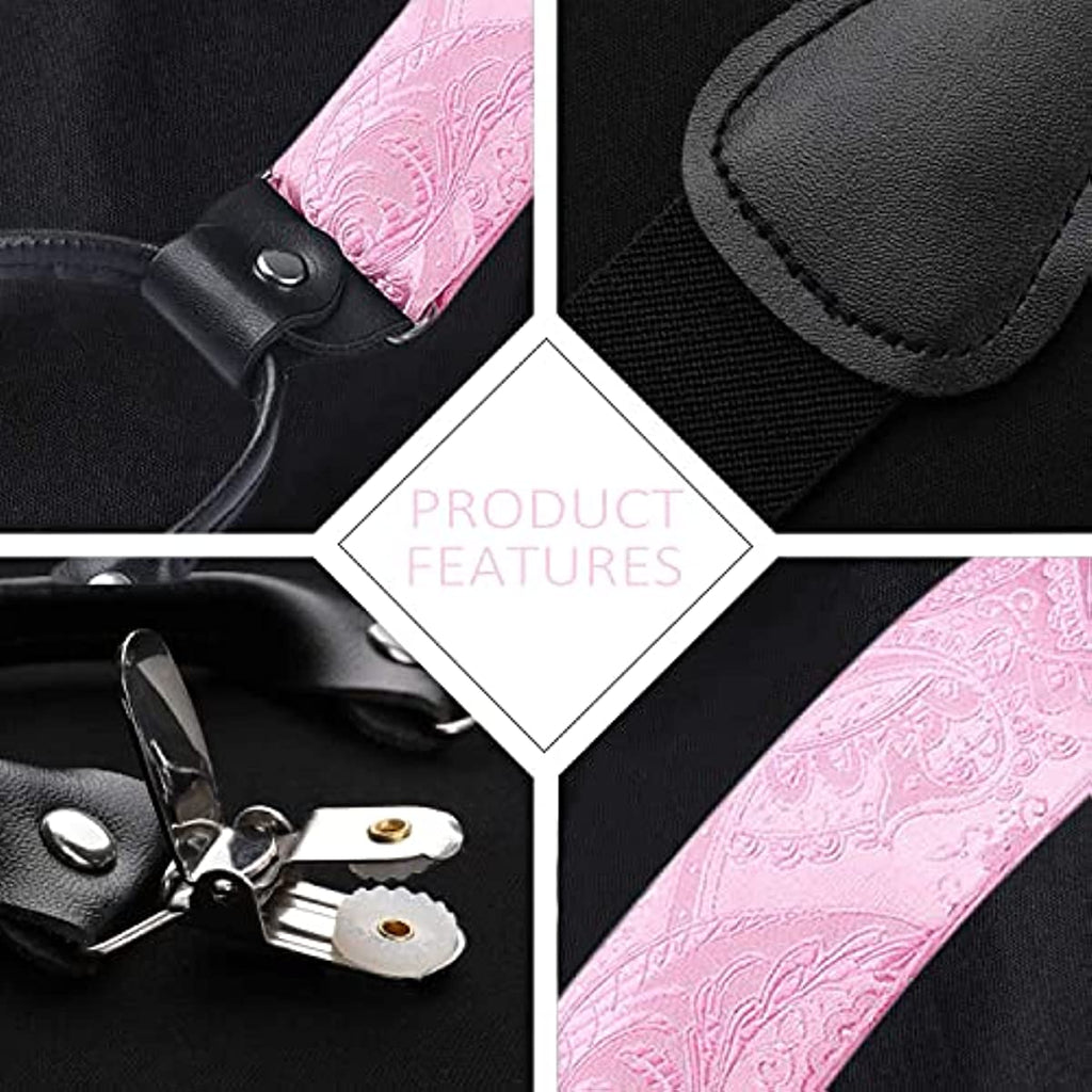 Hisdern Paisley Suspenders Pre-tied Bow Tie Set Pink Formal Accessories