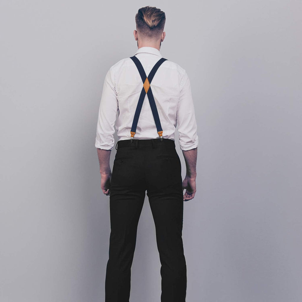 Hisdern 2pcs 1.4 Inch Adjustable Suspender Navy Blue 4-Clip for Formal Pants