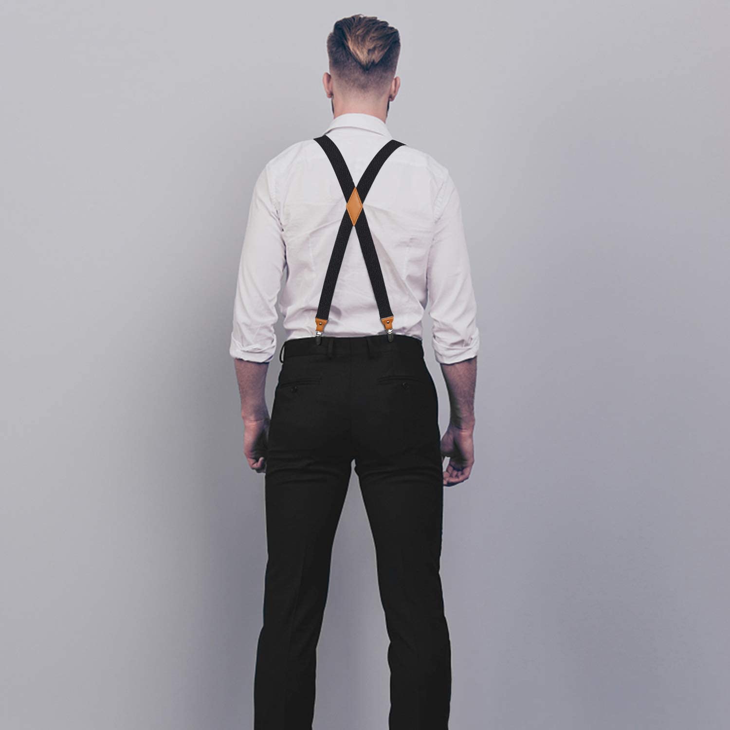 Hisdern Black Solid Suspenders Pre-Tied Bow Tie Set Formal Wedding