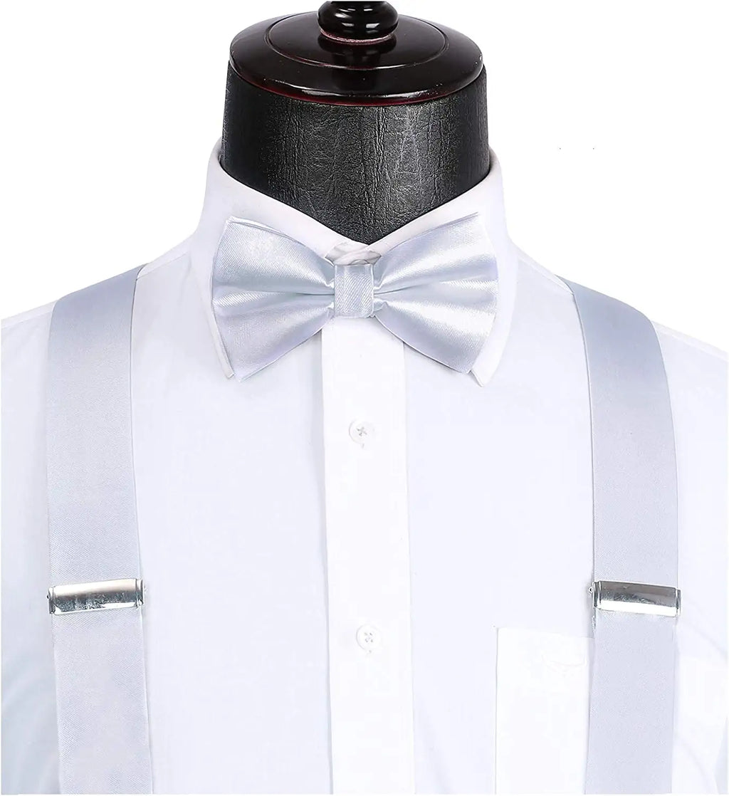 Hisdern Solid Suspenders Pre-Tied Bow Tie Set Silver Formal Wedding Outfit
