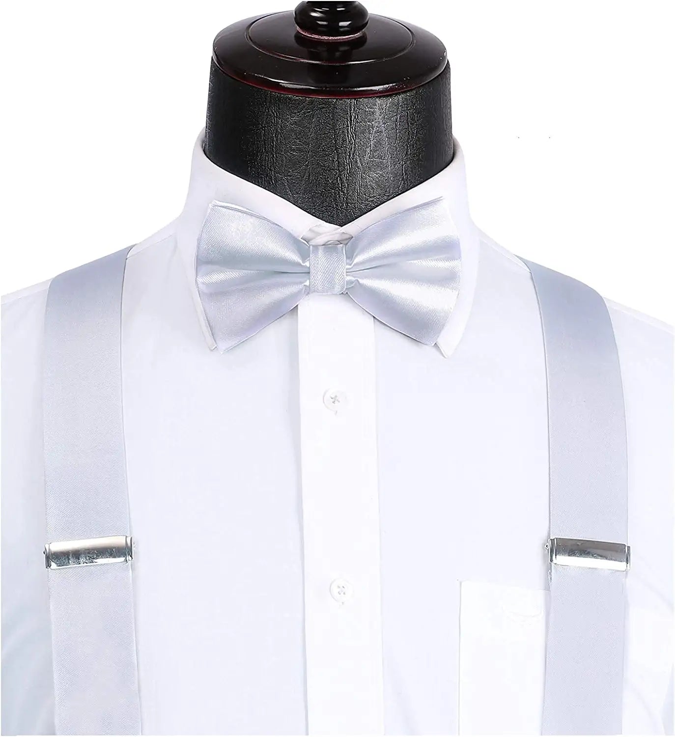 Hisdern Solid Suspenders Pre-Tied Bow Tie Set Silver Formal Wedding Outfit