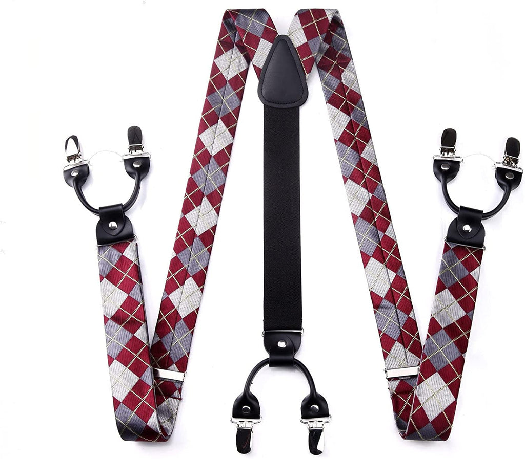 Hisdern Plaid Suspenders Bow Tie Set Burgundy Pattern Accessories