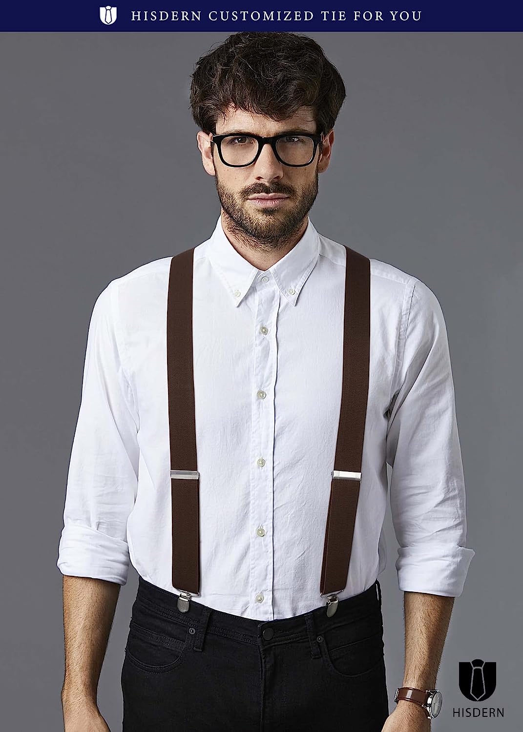 Hisdern Classic Brown Suspenders Y-Back Adjustable Fit for Men