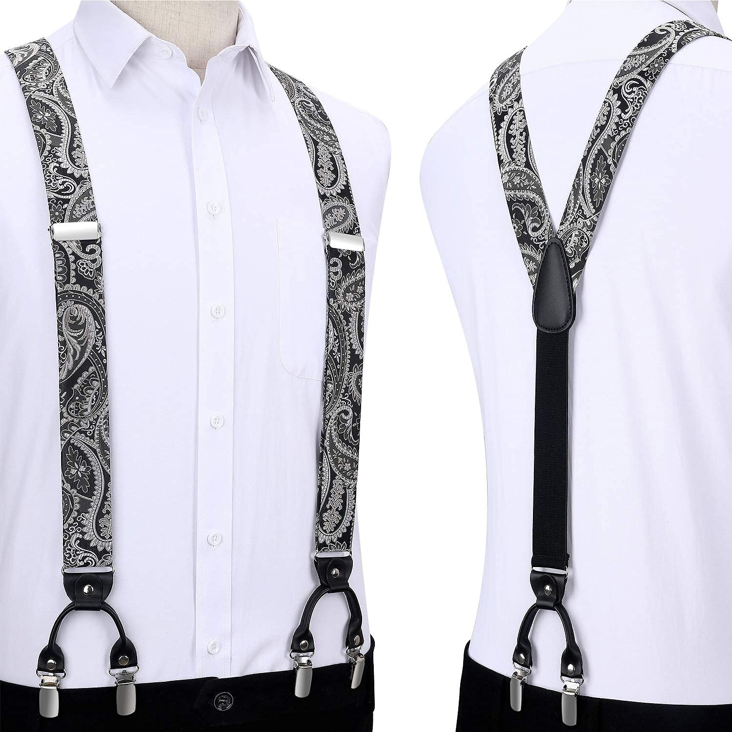 Hisdern Paisley Suspenders Bow Tie Set Grey Black Formal Accessories