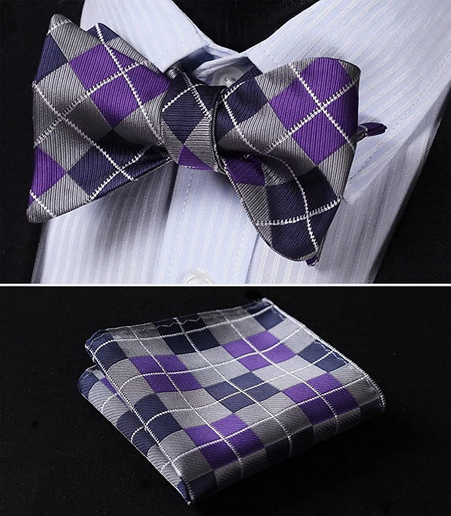 Hisdern Plaid Suspenders Pre-tied Bow Tie Set Purple Grey Pattern Accessories