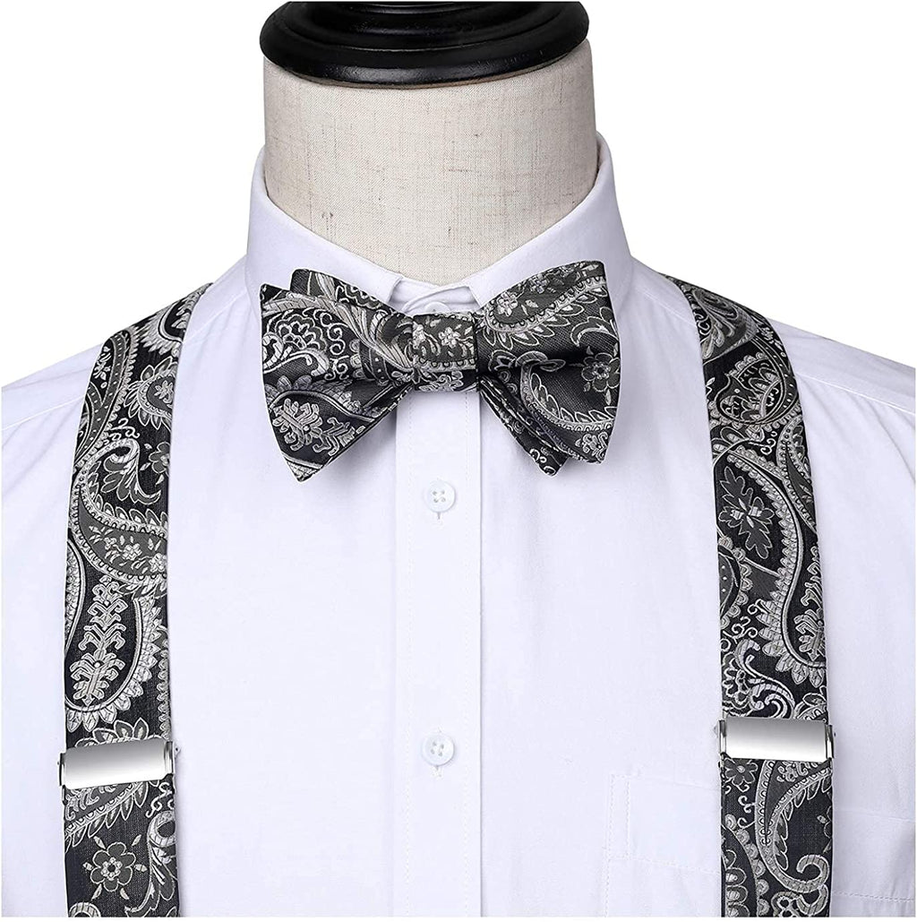 Hisdern Paisley Suspenders Bow Tie Set Grey Black Formal Accessories