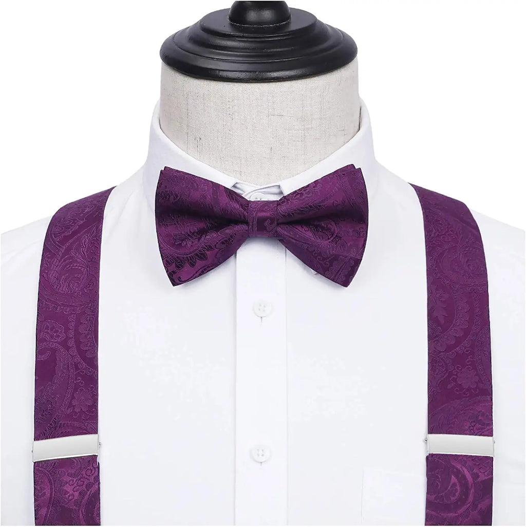 Hisdern Paisley Suspenders Pre-tied Bow Tie Set Purple Formal Accessories