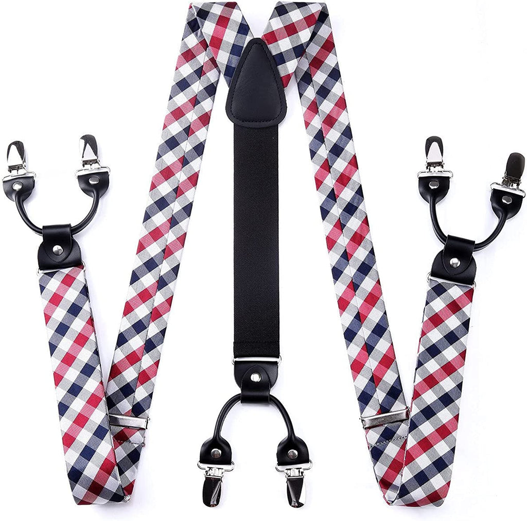Hisdern Plaid Suspenders Bow Tie Set Red White Pattern Accessories
