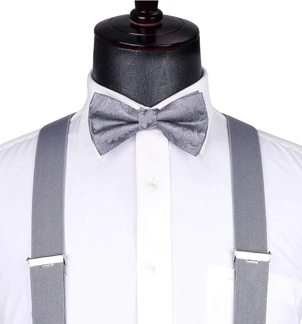 Hisdern Grey Paisley Suspenders Pre-Tied Bow Tie Set Formal Wedding