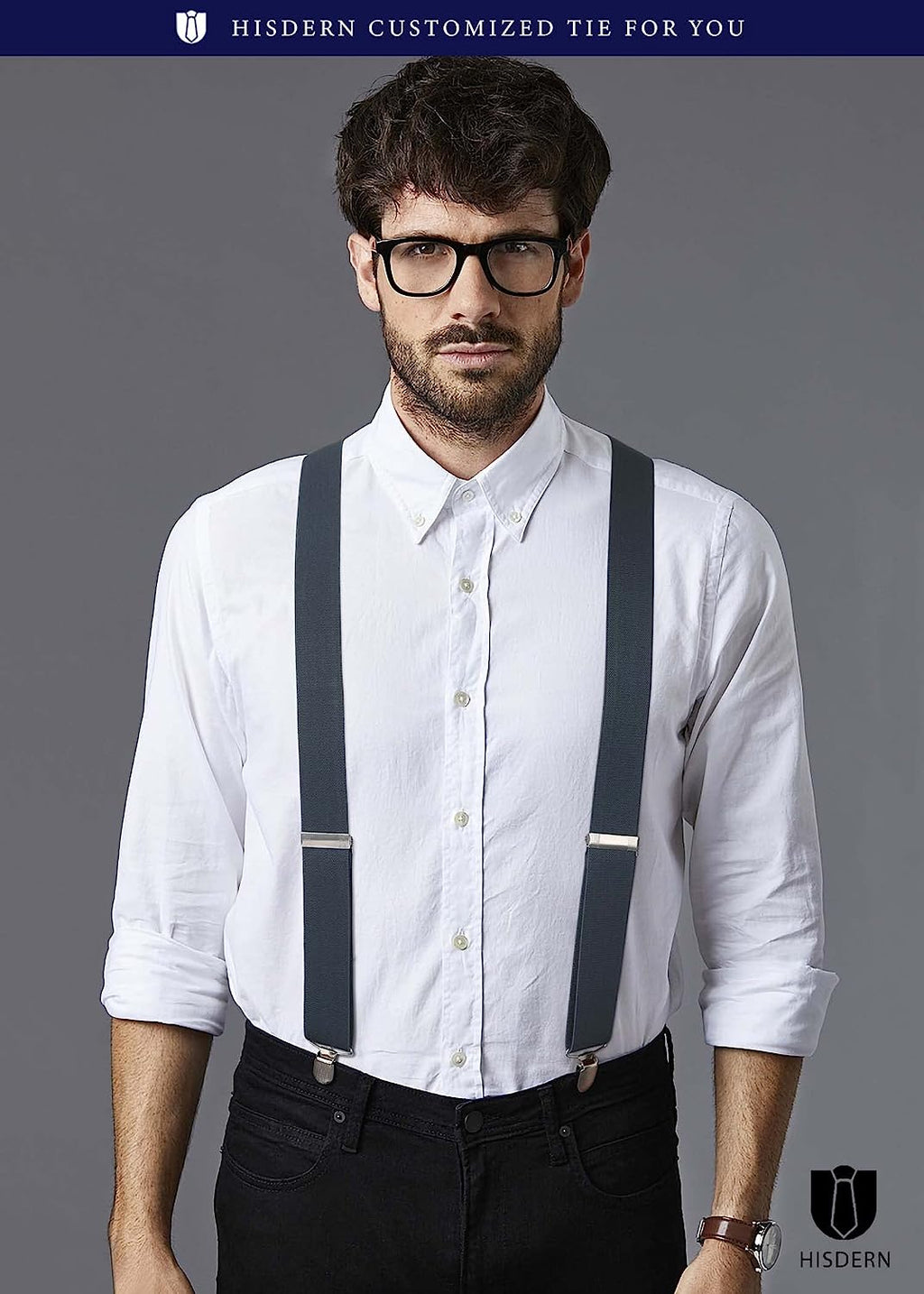 Hisdern Classic Grey Suspenders Y-Back Adjustable Fit for Men