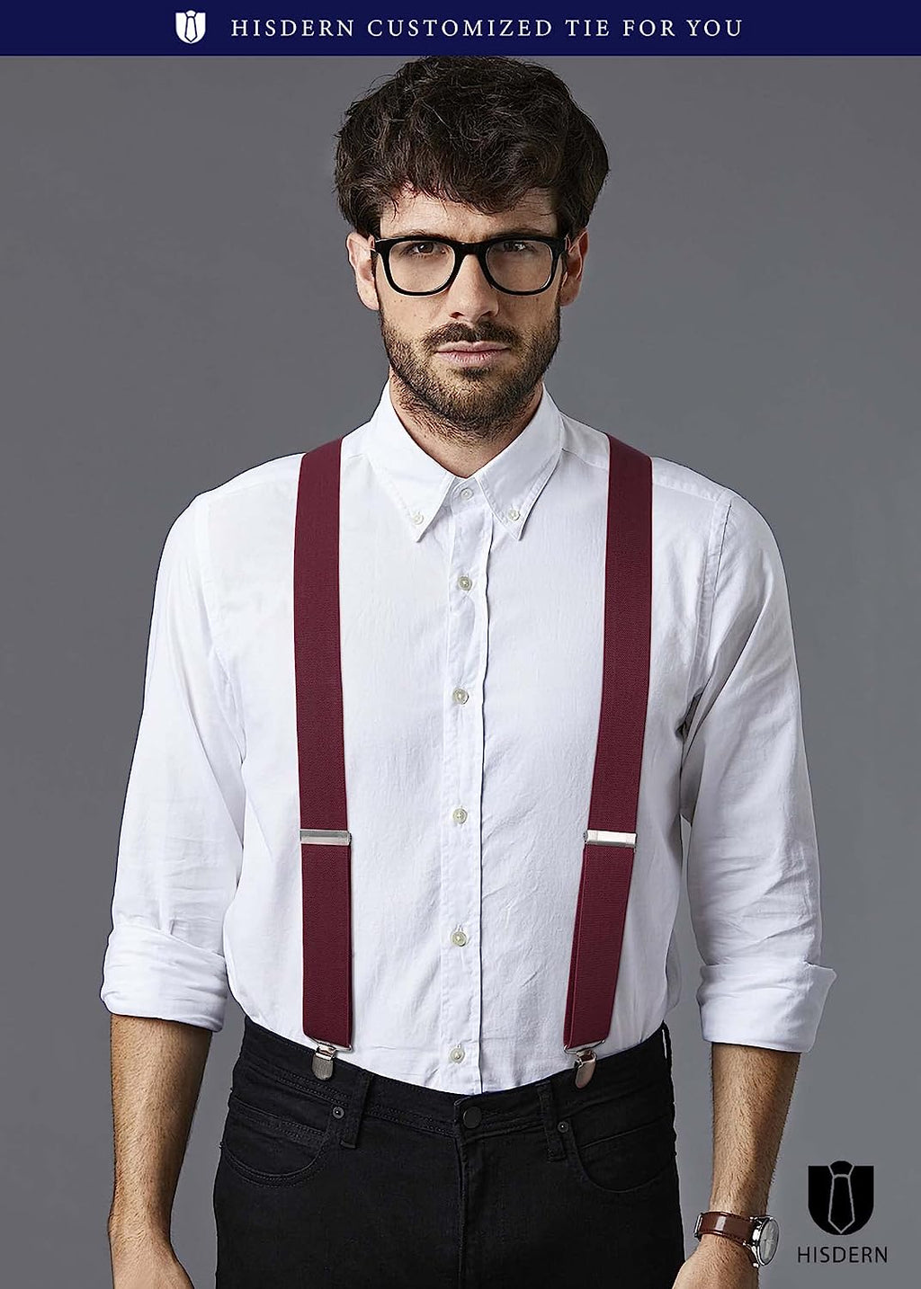 Hisdern 1.4 Inch Adjustable Suspender Red with 4-Clip for Formal Pants