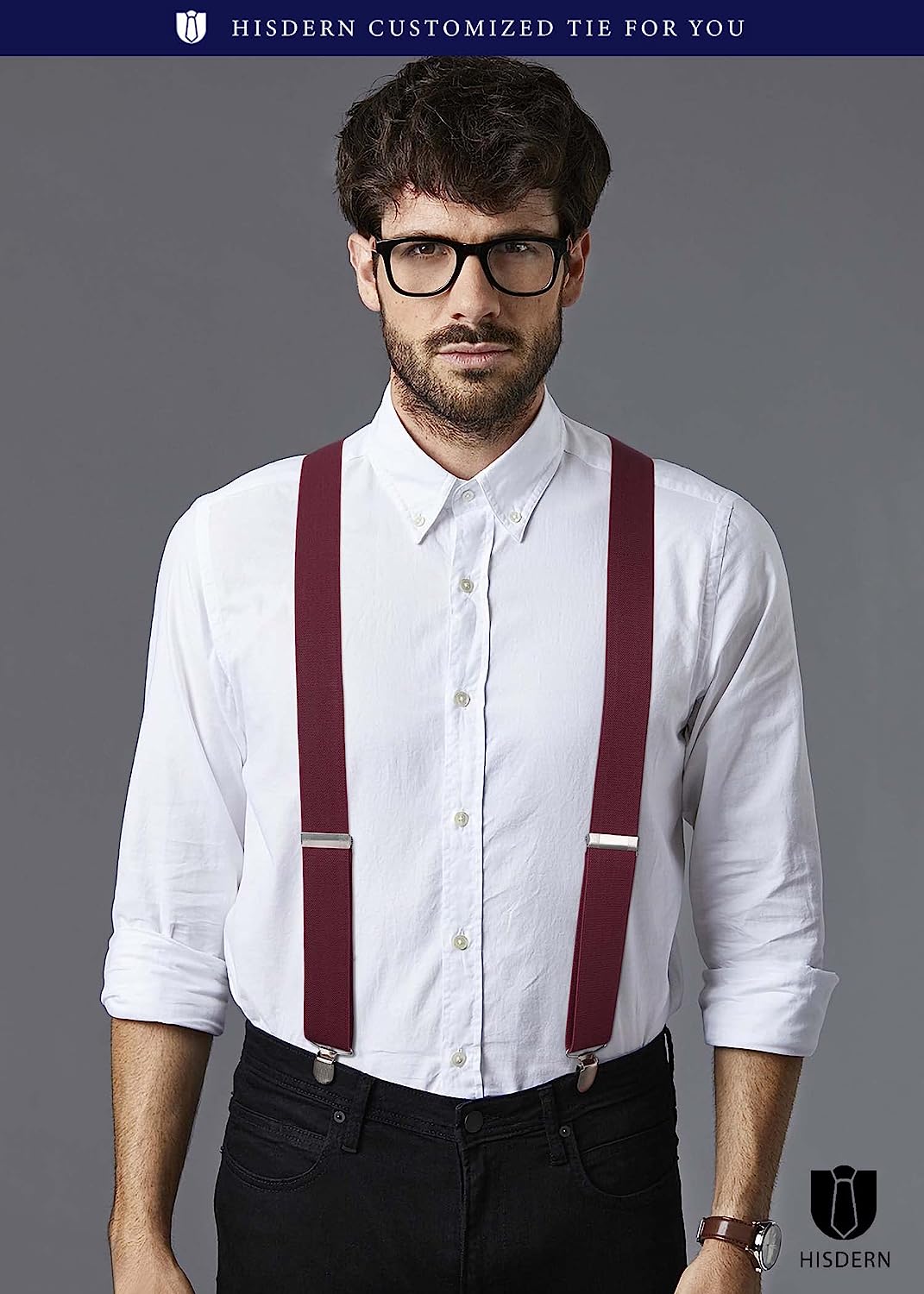 Hisdern 1.4 Inch Adjustable Suspender Red with 4-Clip for Formal Pants