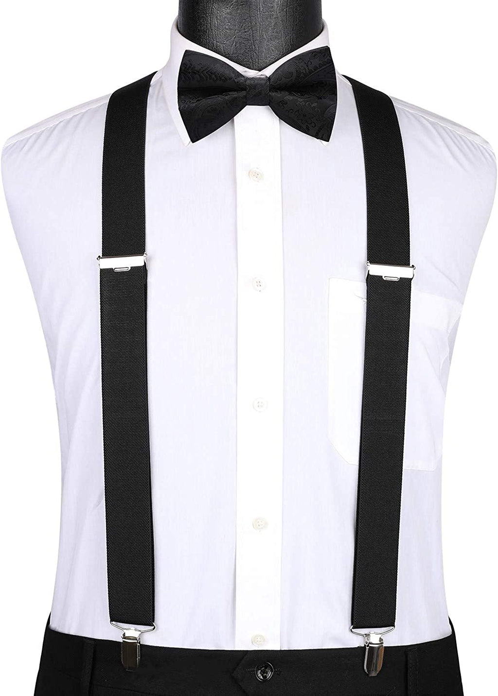Hisdern Black Paisley Suspenders Pre-Tied Bow Tie Set Formal Wedding