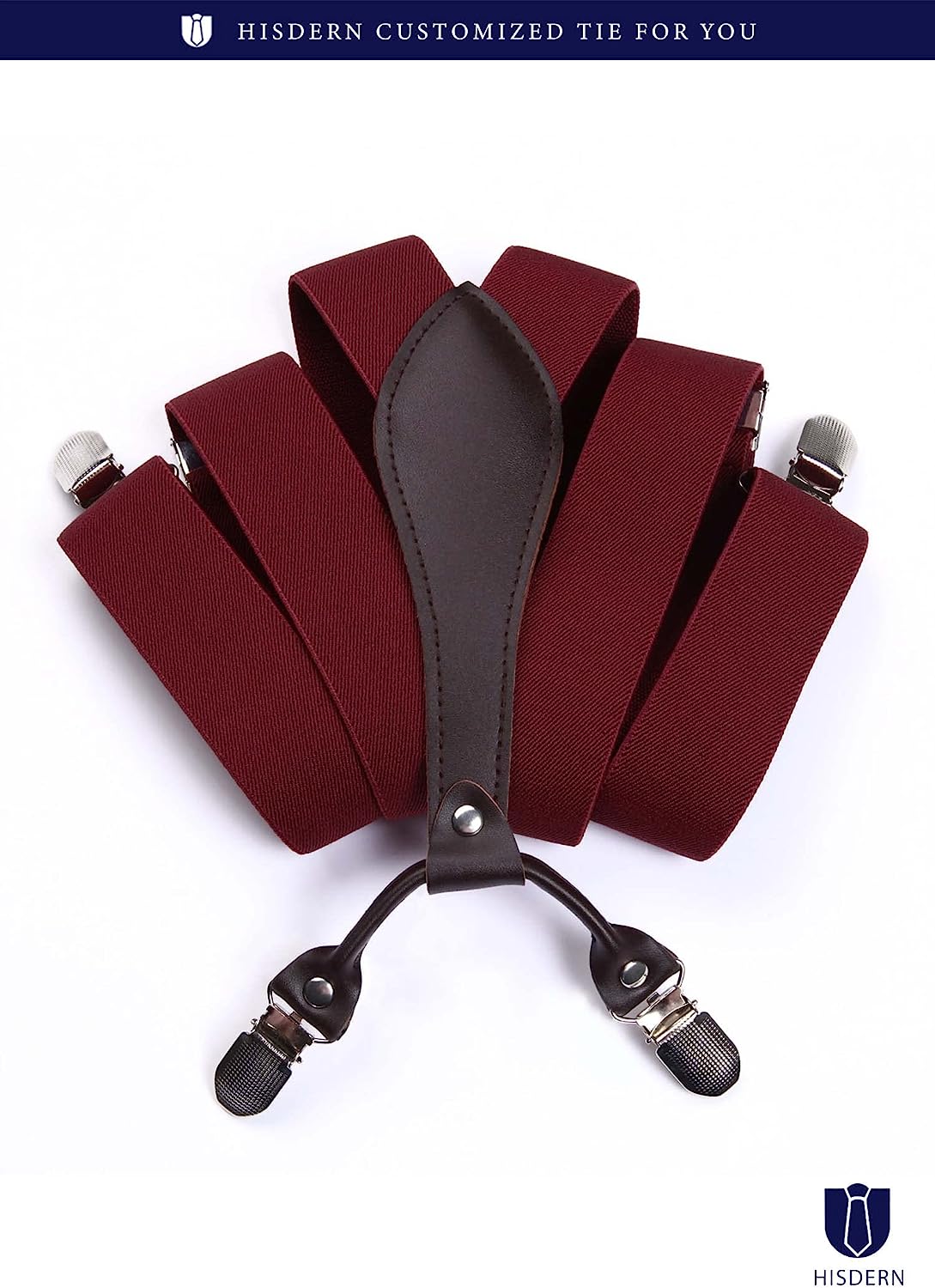 Hisdern 1.4 Inch Adjustable Suspender Red with 4-Clip for Formal Pants