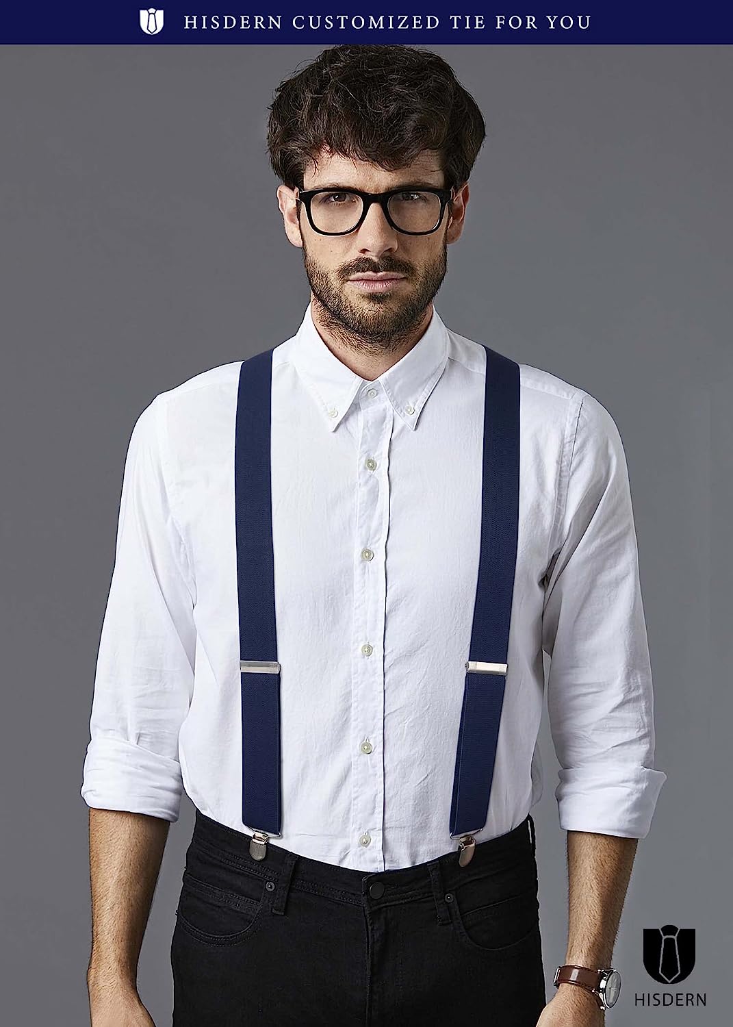 Hisdern Classic Navy Blue Suspenders Y-Back Adjustable Fit for Men