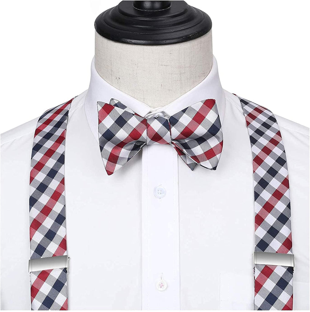 Hisdern Plaid Suspenders Bow Tie Set Red White Pattern Accessories