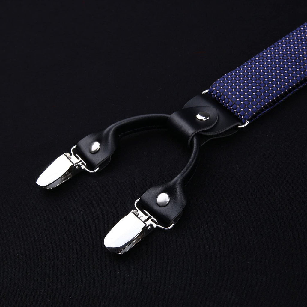 Hisdern Plaid Suspenders Bow Tie Set Navy Blue Pattern Accessories