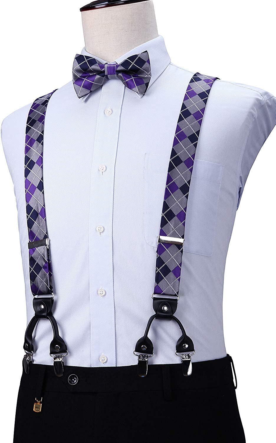Hisdern Plaid Suspenders Pre-tied Bow Tie Set Purple Grey Pattern Accessories