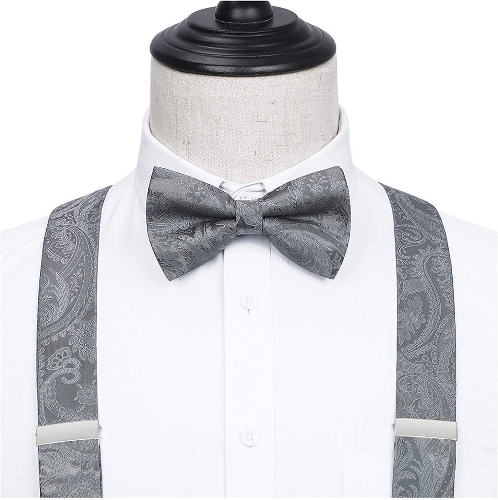 Hisdern Paisley Suspenders Pre-tied Bow Tie Set Grey Formal Accessories