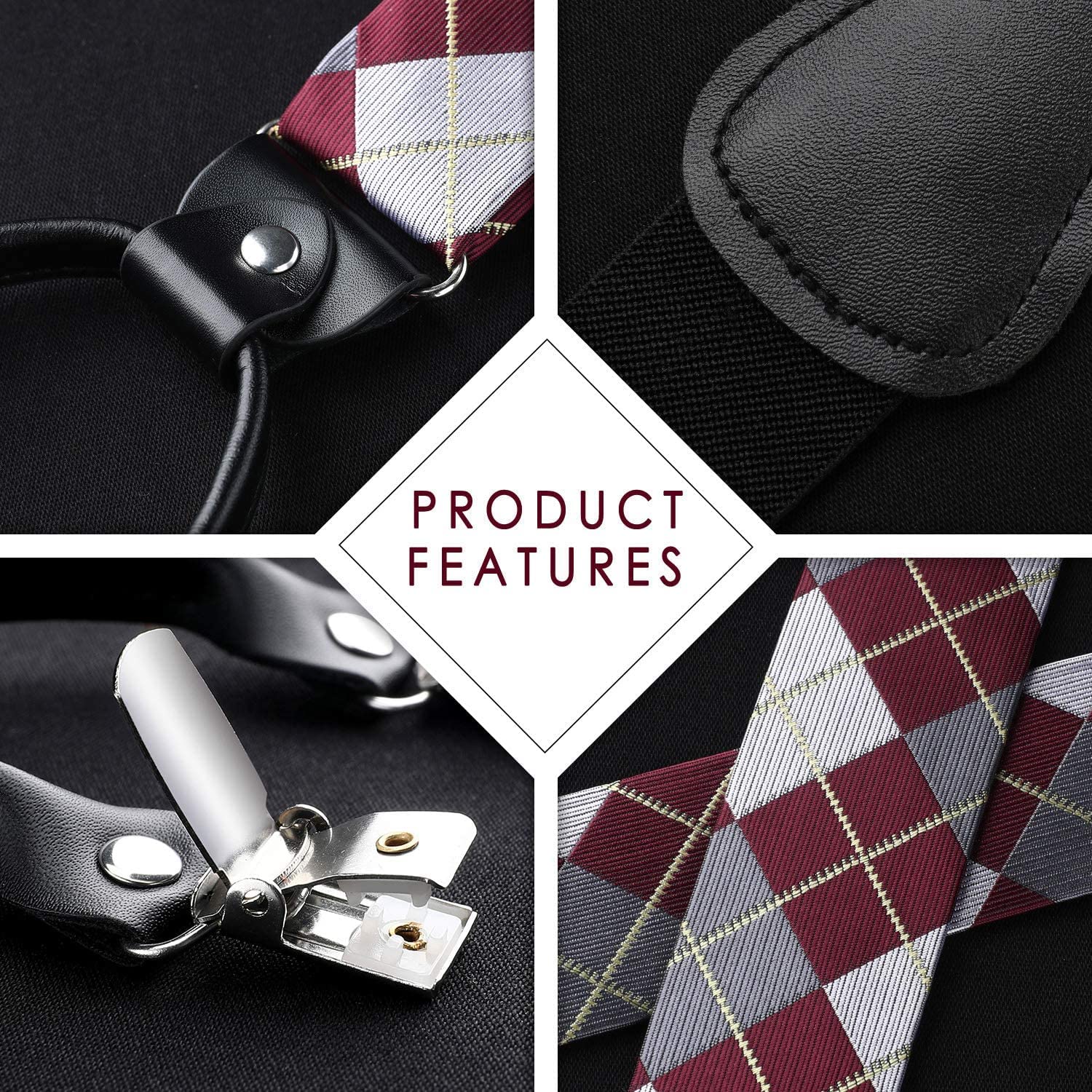Hisdern Plaid Suspenders Bow Tie Set Burgundy Pattern Accessories