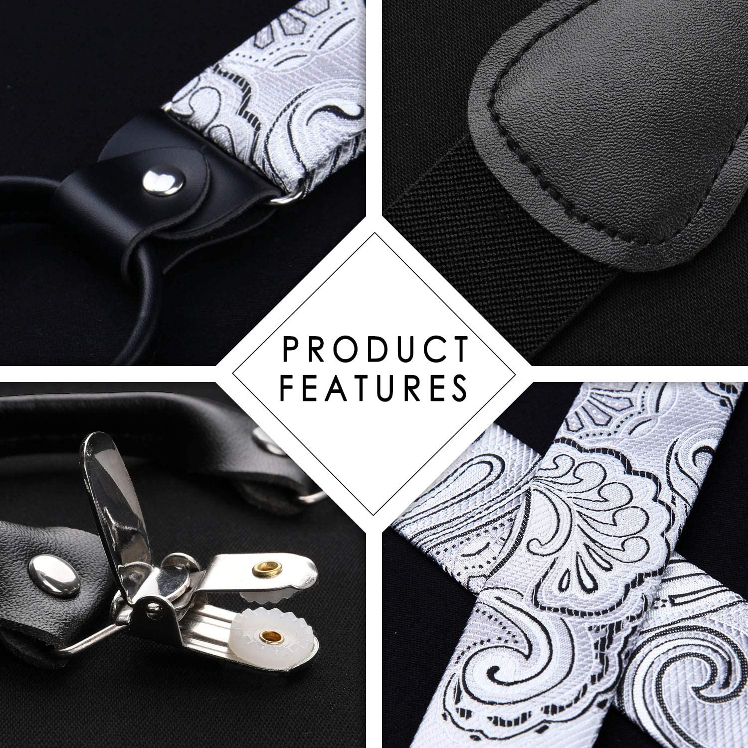 Hisdern Paisley Suspenders Bow Tie Set Silver Black Formal Accessories