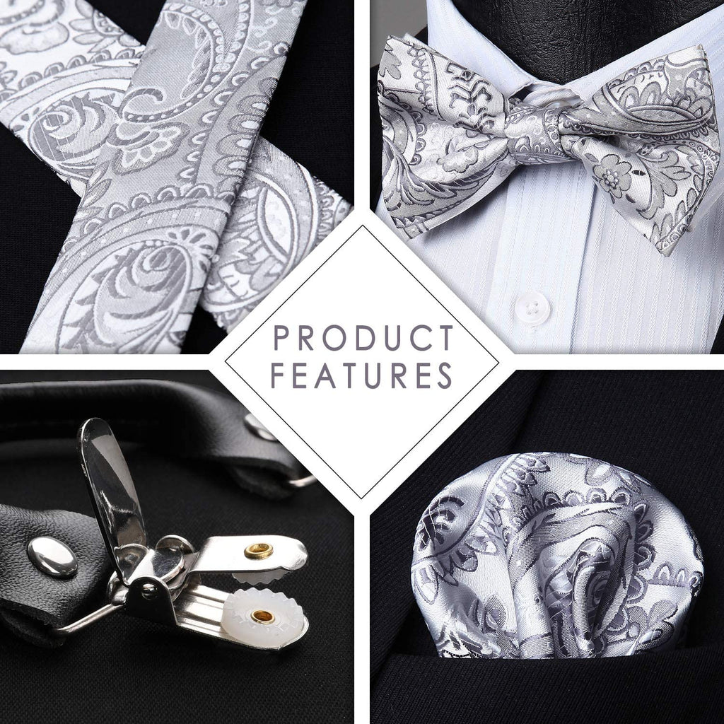 Hisdern Paisley Suspenders Pre-tied Bow Tie Set Silver Formal Accessories