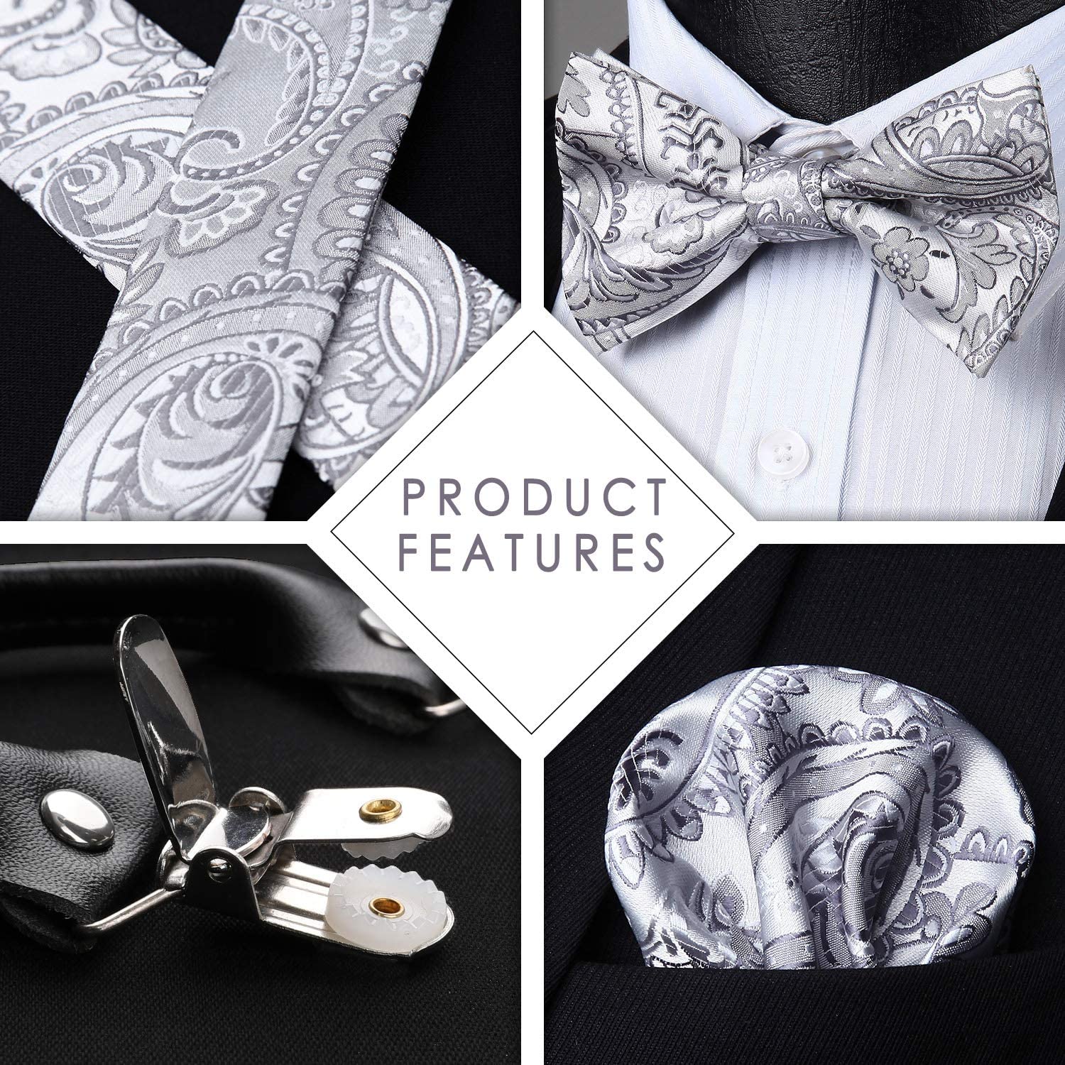 Hisdern Paisley Suspenders Pre-tied Bow Tie Set Silver Formal Accessories