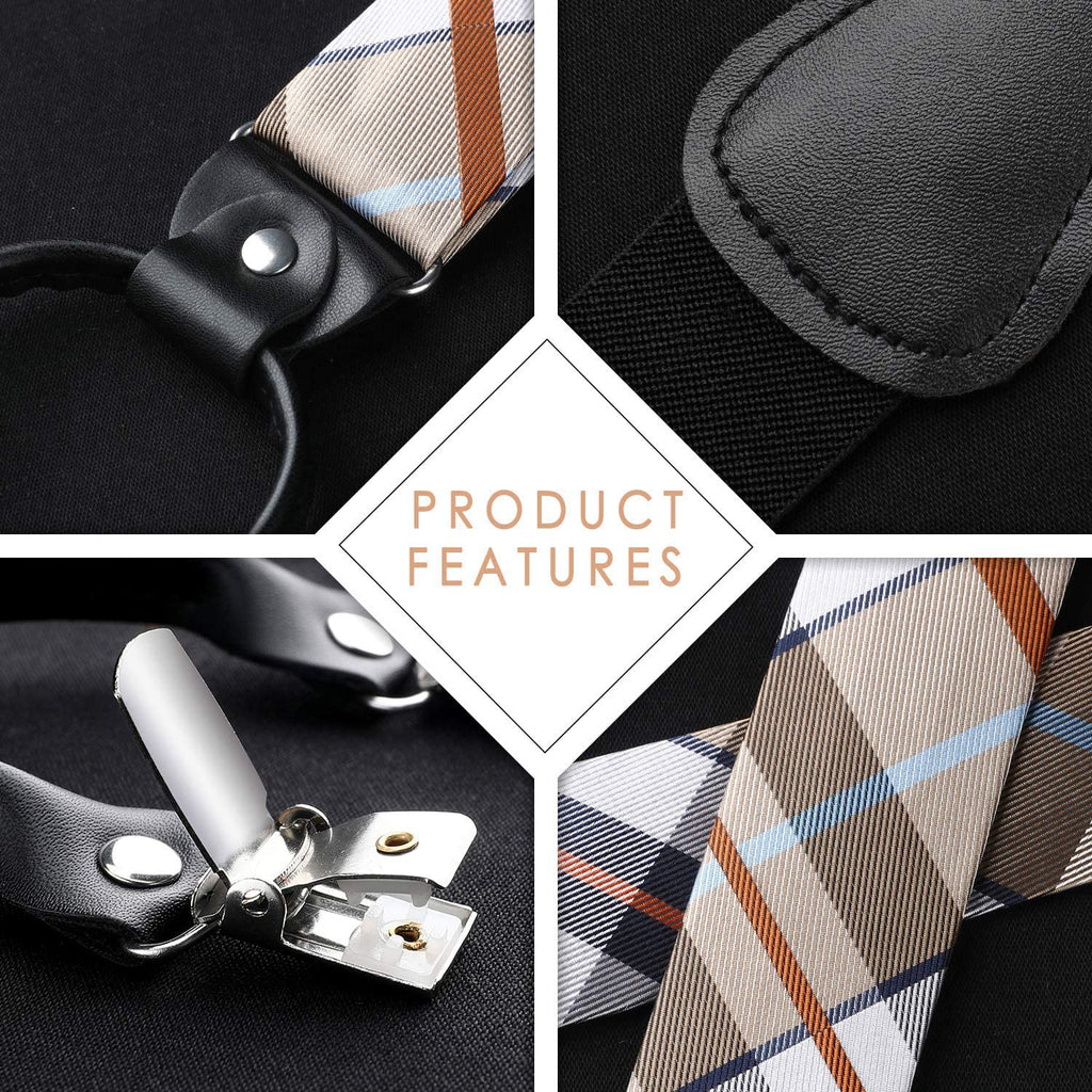 Hisdern Plaid Suspenders Bow Tie Set Khaki Pattern Accessories