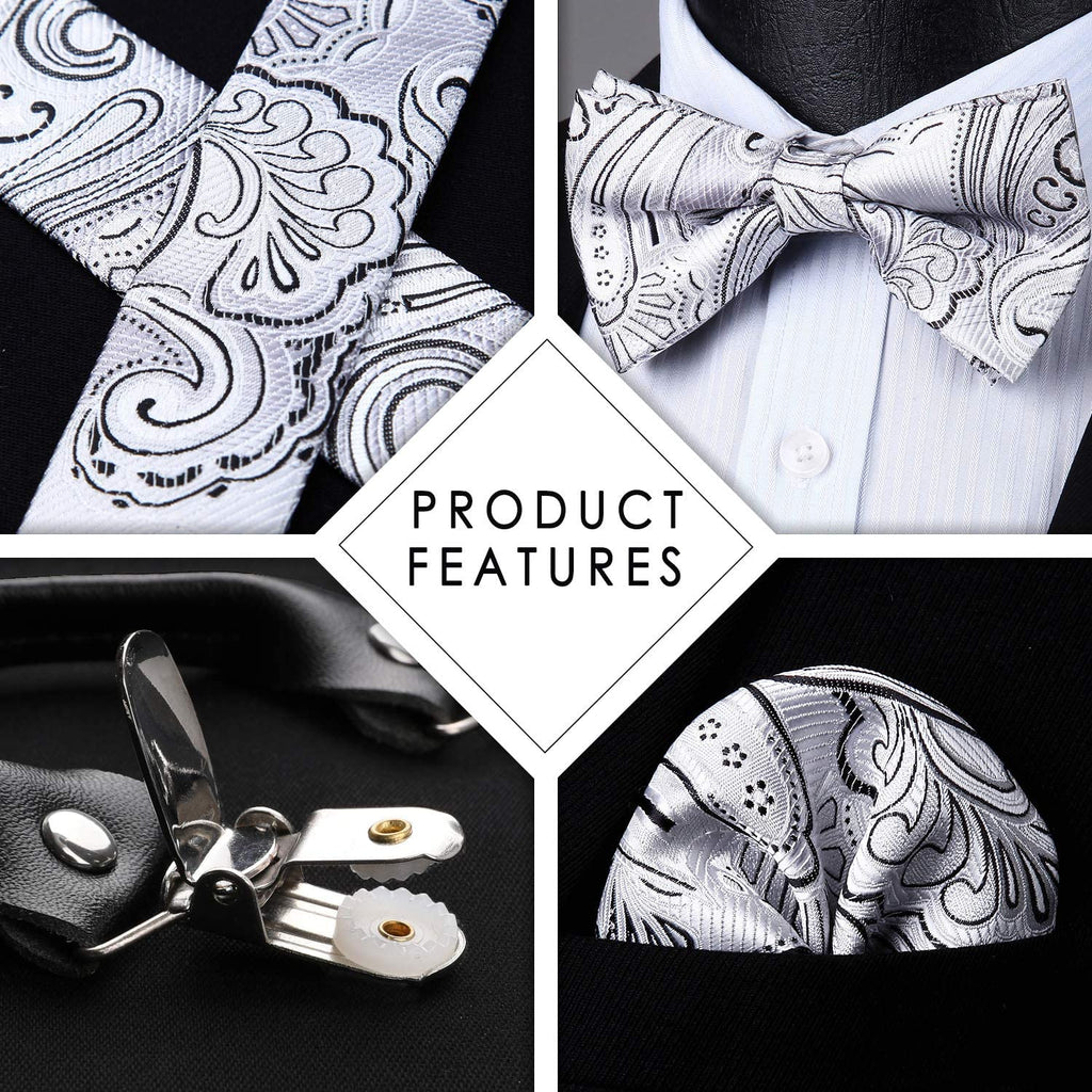 Hisdern Paisley Suspenders Pre-tied Bow Tie Set Silver Formal Accessories