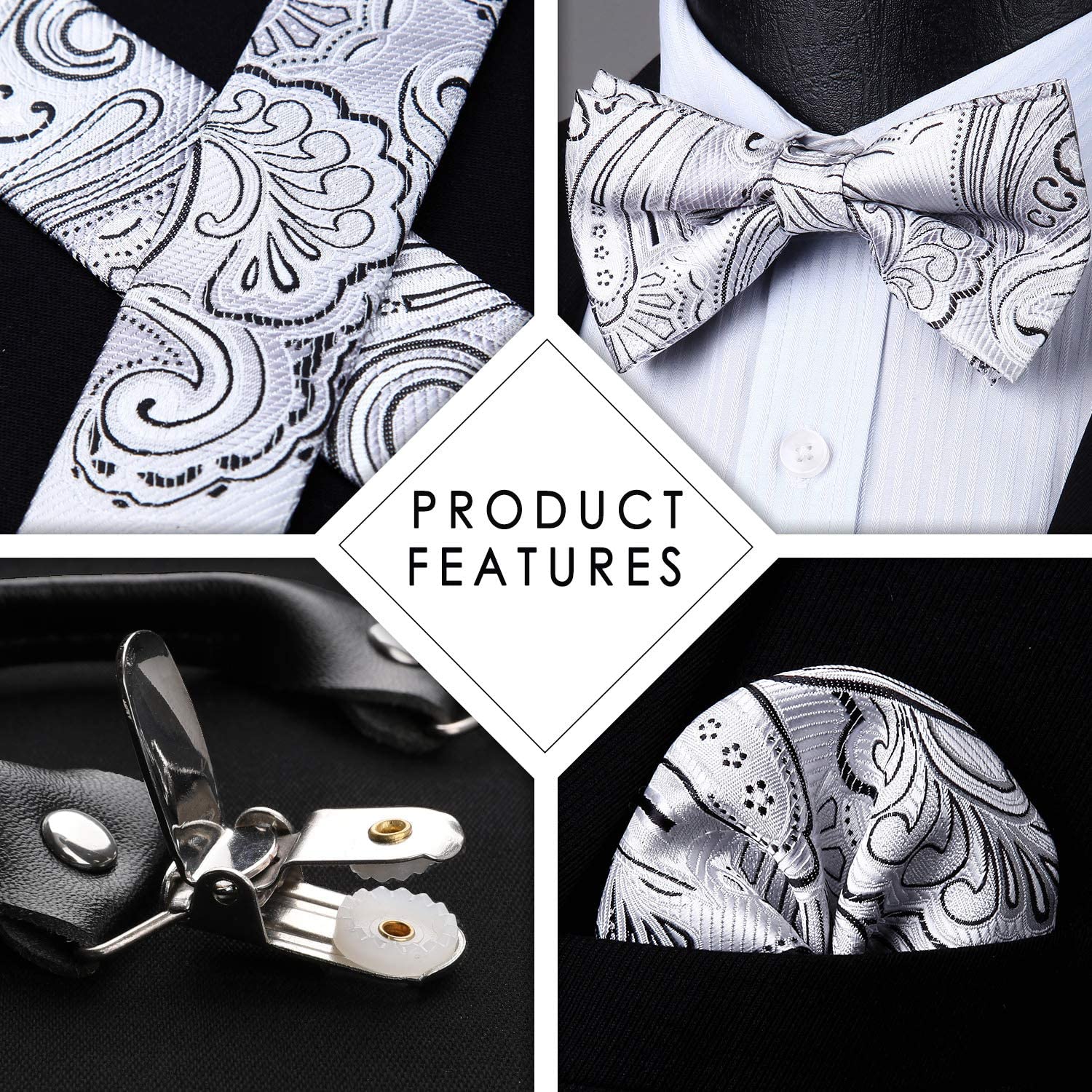 Hisdern Paisley Suspenders Pre-tied Bow Tie Set Silver Formal Accessories