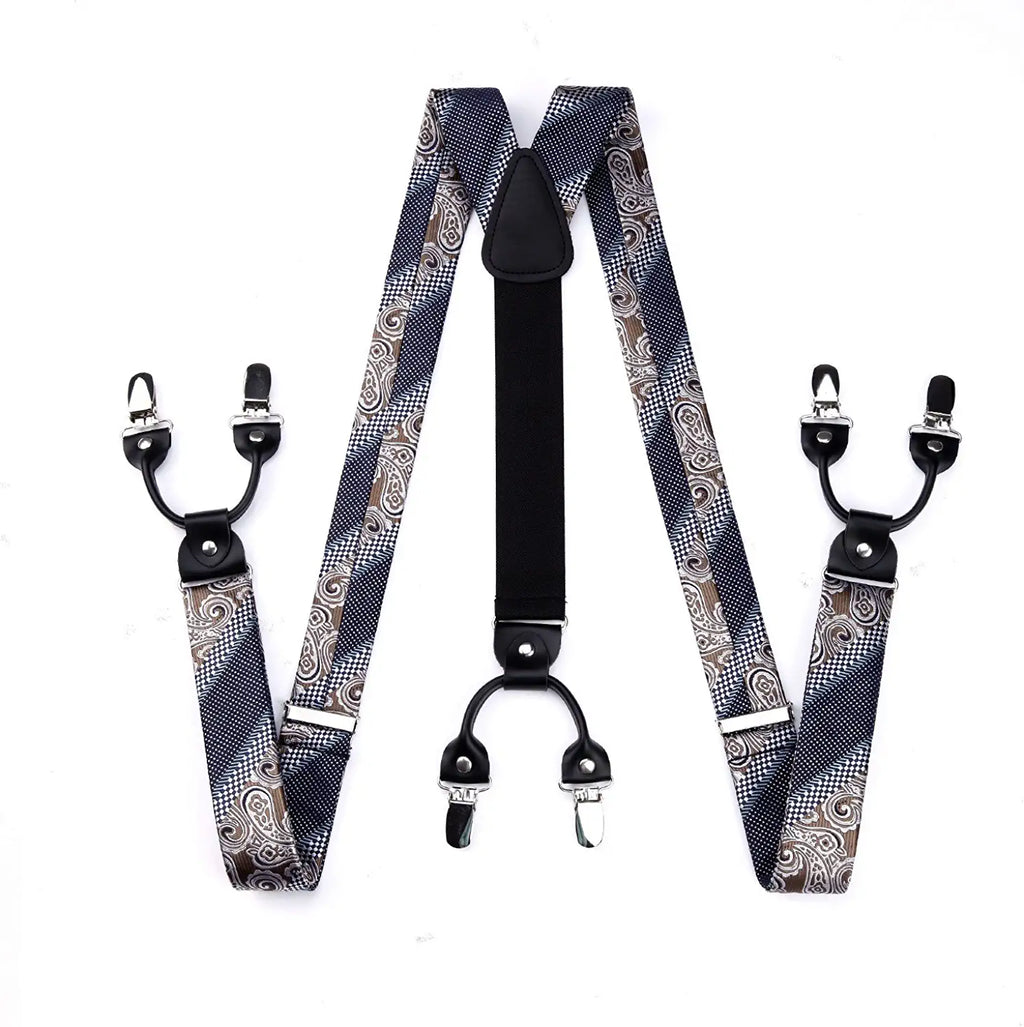 Hisdern Paisley Suspenders Bow Tie Set Brown Navy Formal Accessories