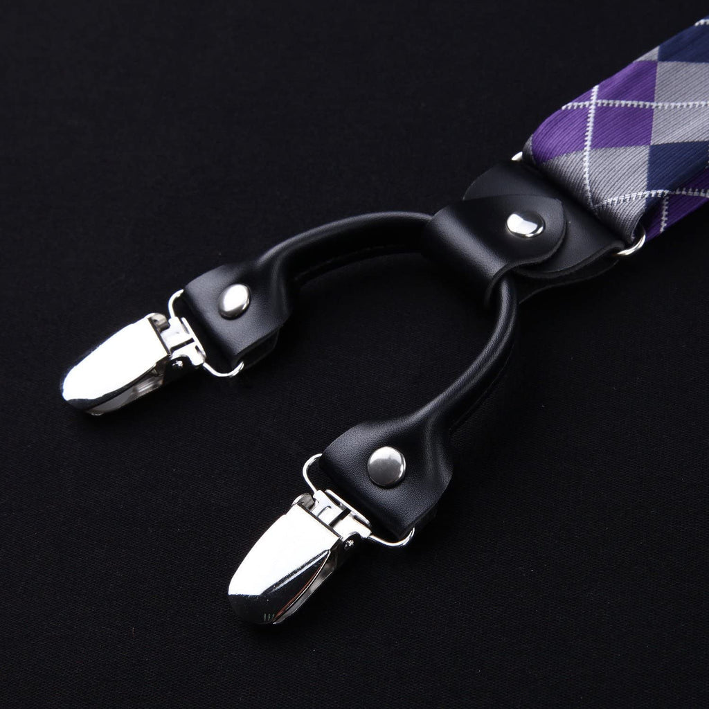 Hisdern Plaid Suspenders Pre-tied Bow Tie Set Purple Grey Pattern Accessories