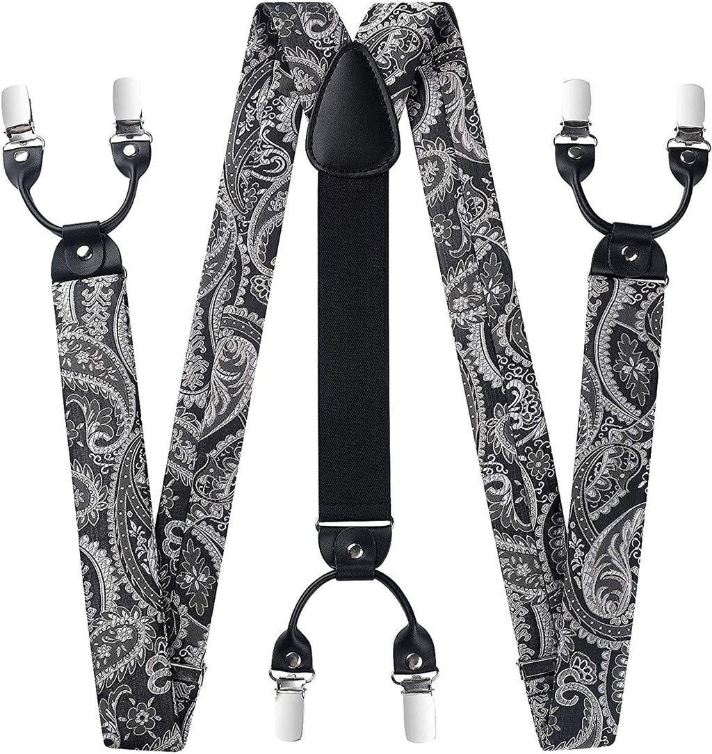 Hisdern Paisley Suspenders Bow Tie Set Grey Black Formal Accessories