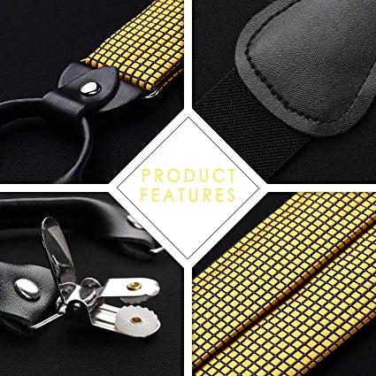 Hisdern Plaid Suspenders Pre-tied Bow Tie Set Gold Pattern Accessories