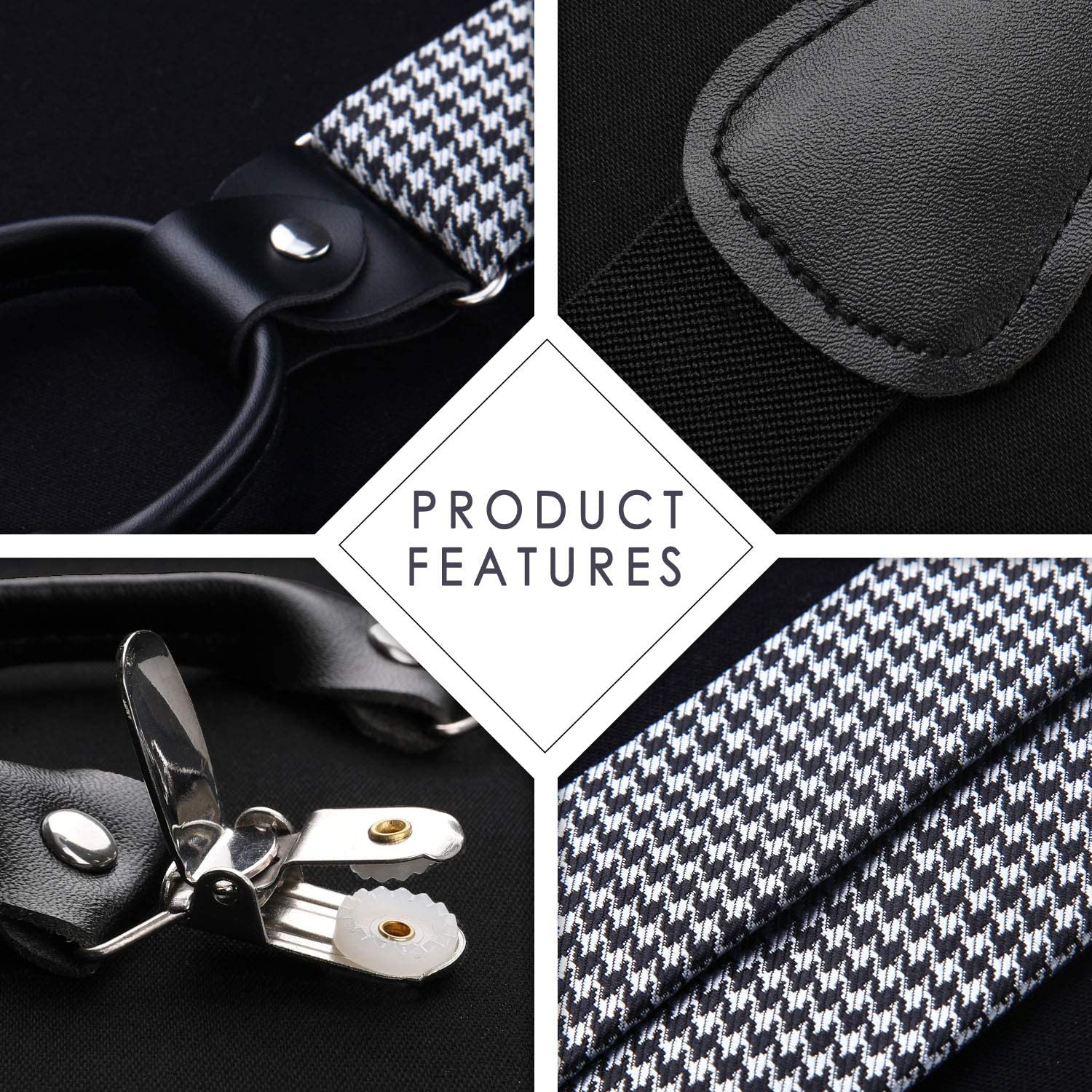 Hisdern Plaid Suspenders Pre-tied Bow Tie Set Black White Pattern Accessories