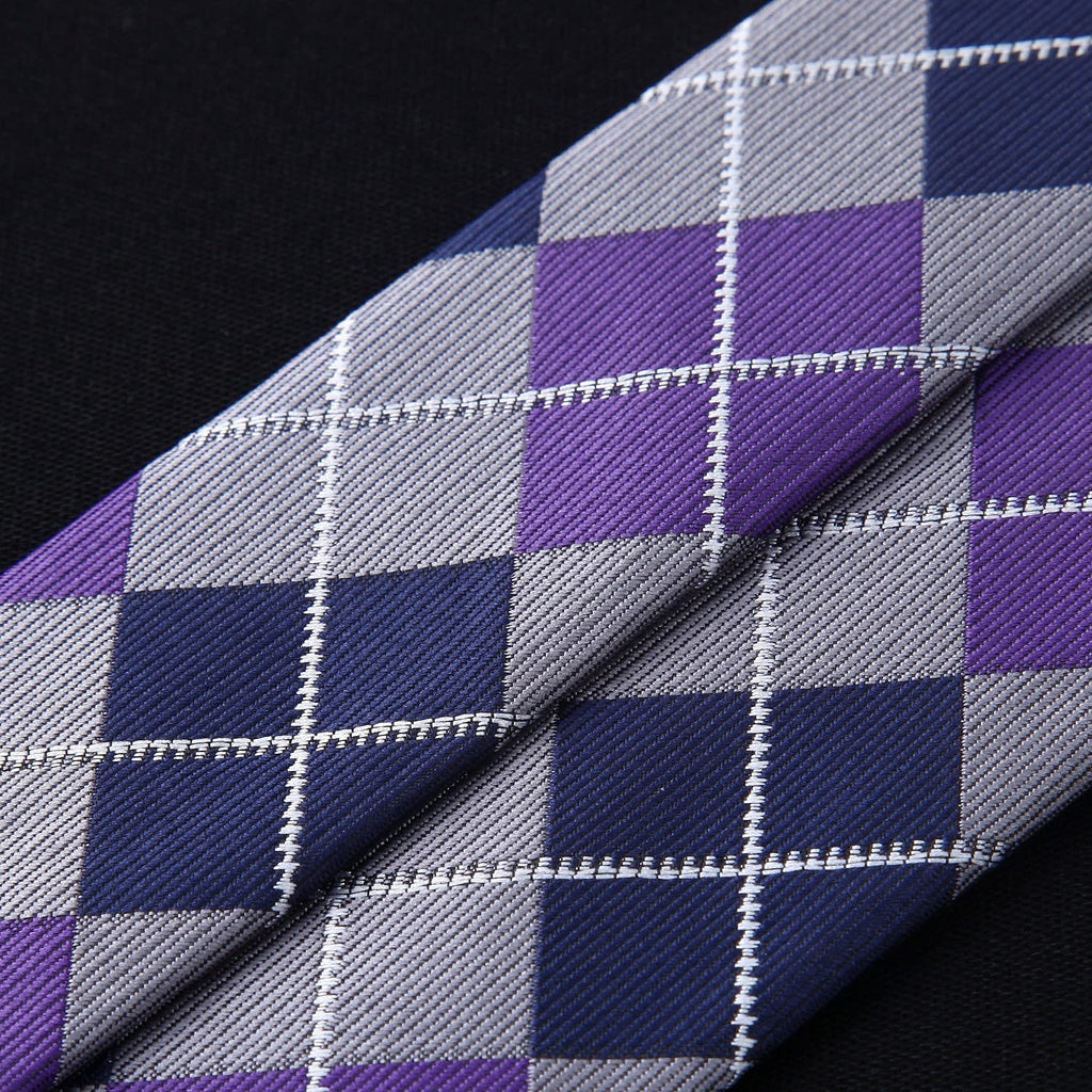 Hisdern Plaid Suspenders Pre-tied Bow Tie Set Purple Grey Pattern Accessories