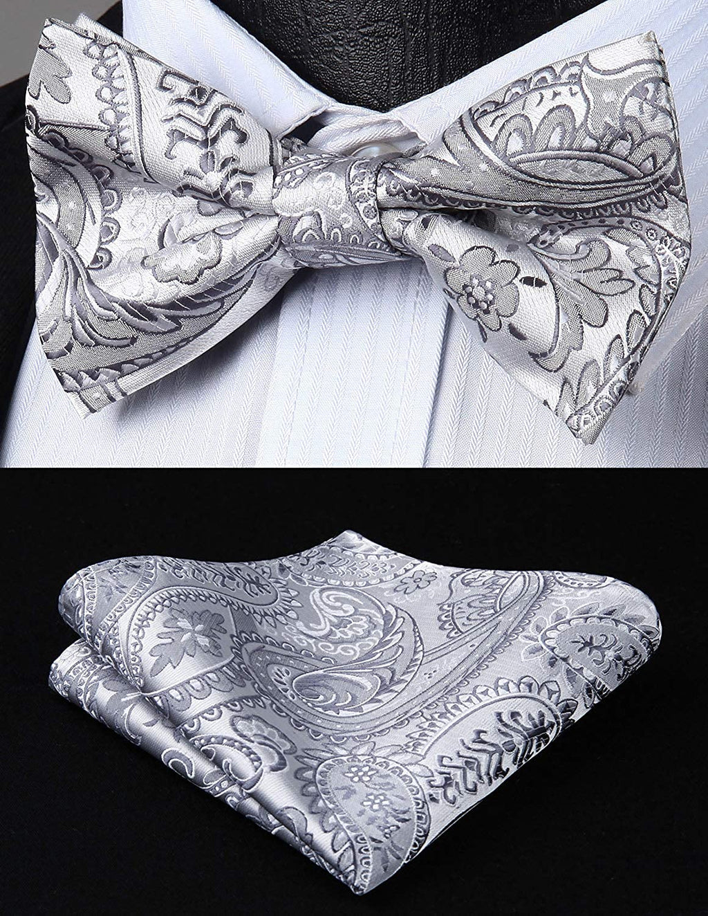 Hisdern Paisley Suspenders Pre-tied Bow Tie Set Silver Formal Accessories