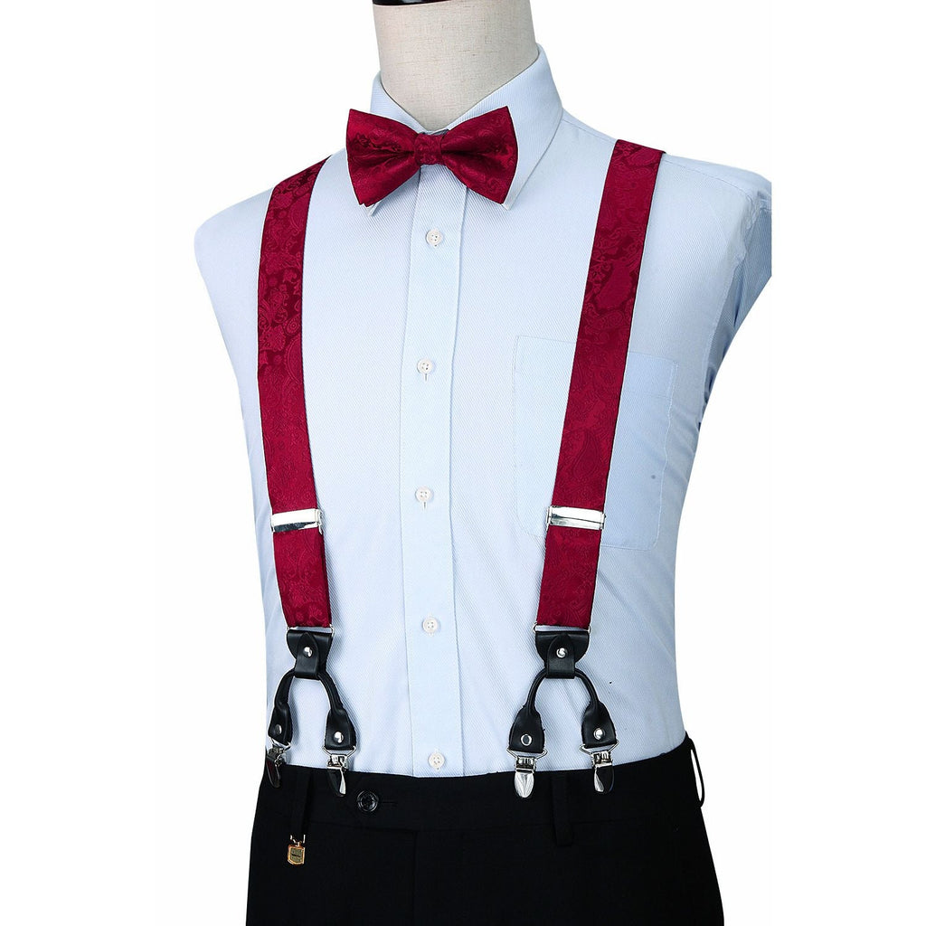Hisdern Paisley Suspenders Pre-tied Bow Tie Set Red Formal Accessories