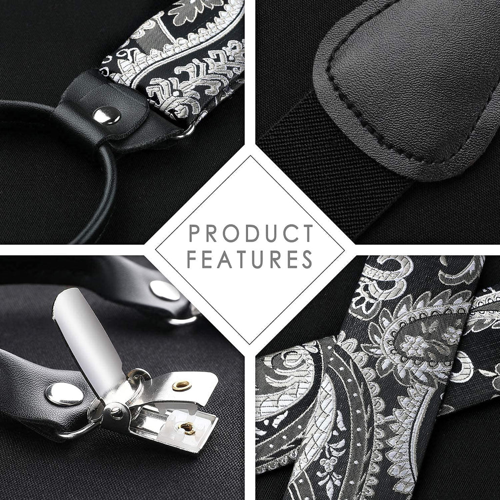 Hisdern Paisley Suspenders Bow Tie Set Grey Black Formal Accessories