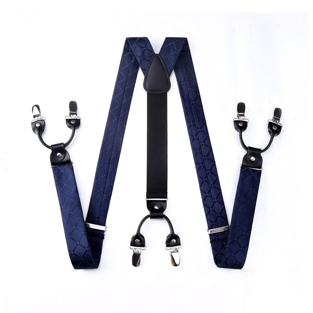 Hisdern Plaid Suspenders Bow Tie Set Navy Blue Pattern Accessories